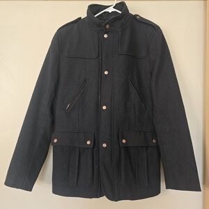 H&M Military Style Wool Blend Men’s Coat Black Herringbone Size 44R